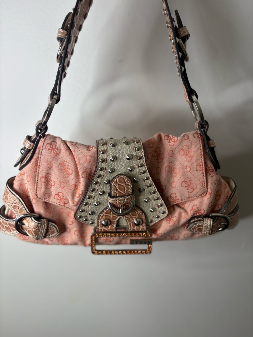 Guess Pink Jacquard Shoulder Bag with Studded Buckle